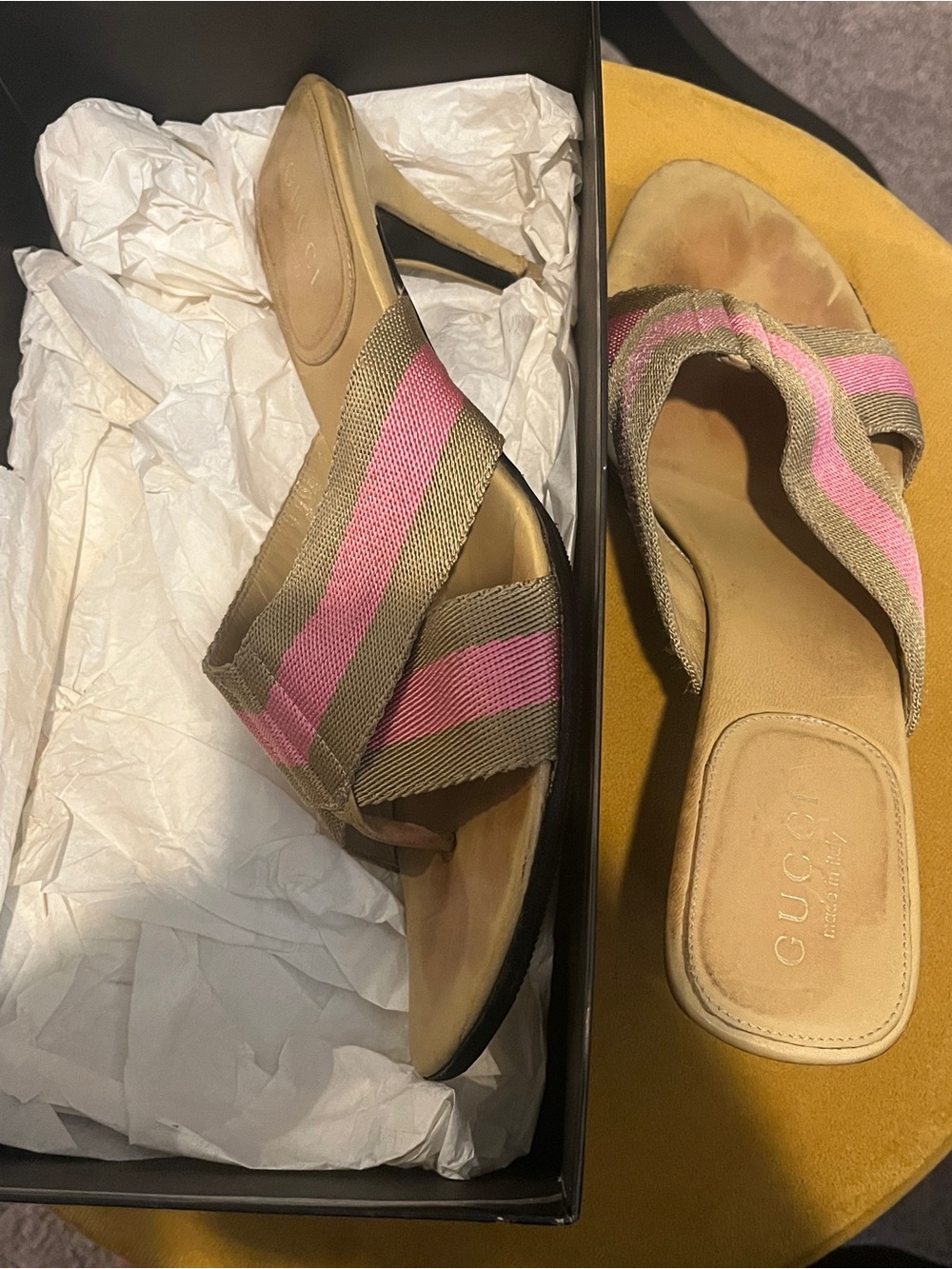 Gucci Pink and Beige Striped Slide Heels